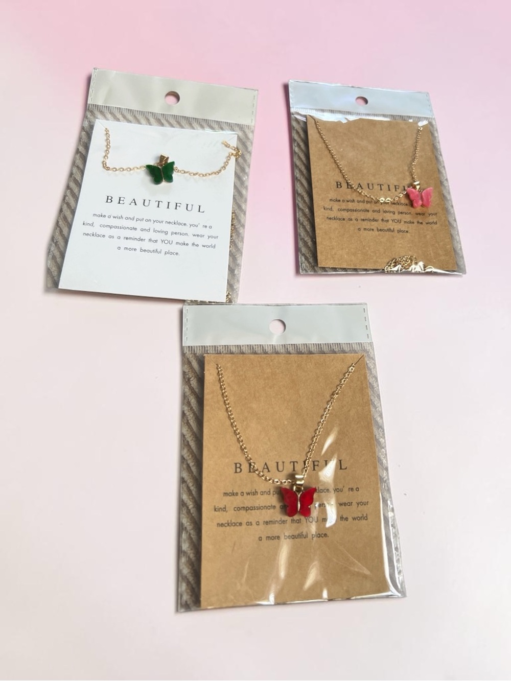 Beautiful Gold Butterfly Necklace - Red, Pink, Green Options